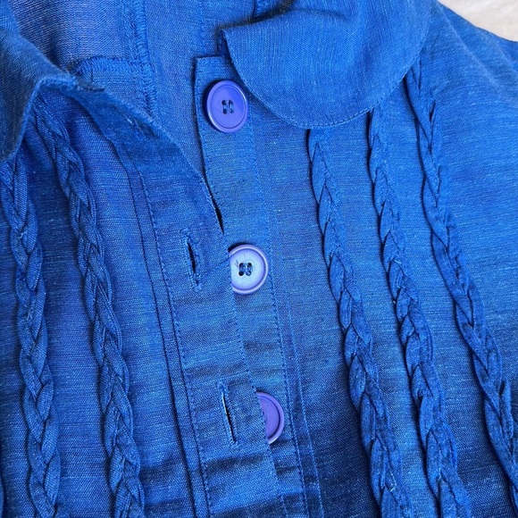 PERSAMAN New York Cobalt Blue Short Puff Sleeve Linen Blend Top, Size Medium - Picture 11 of 13
